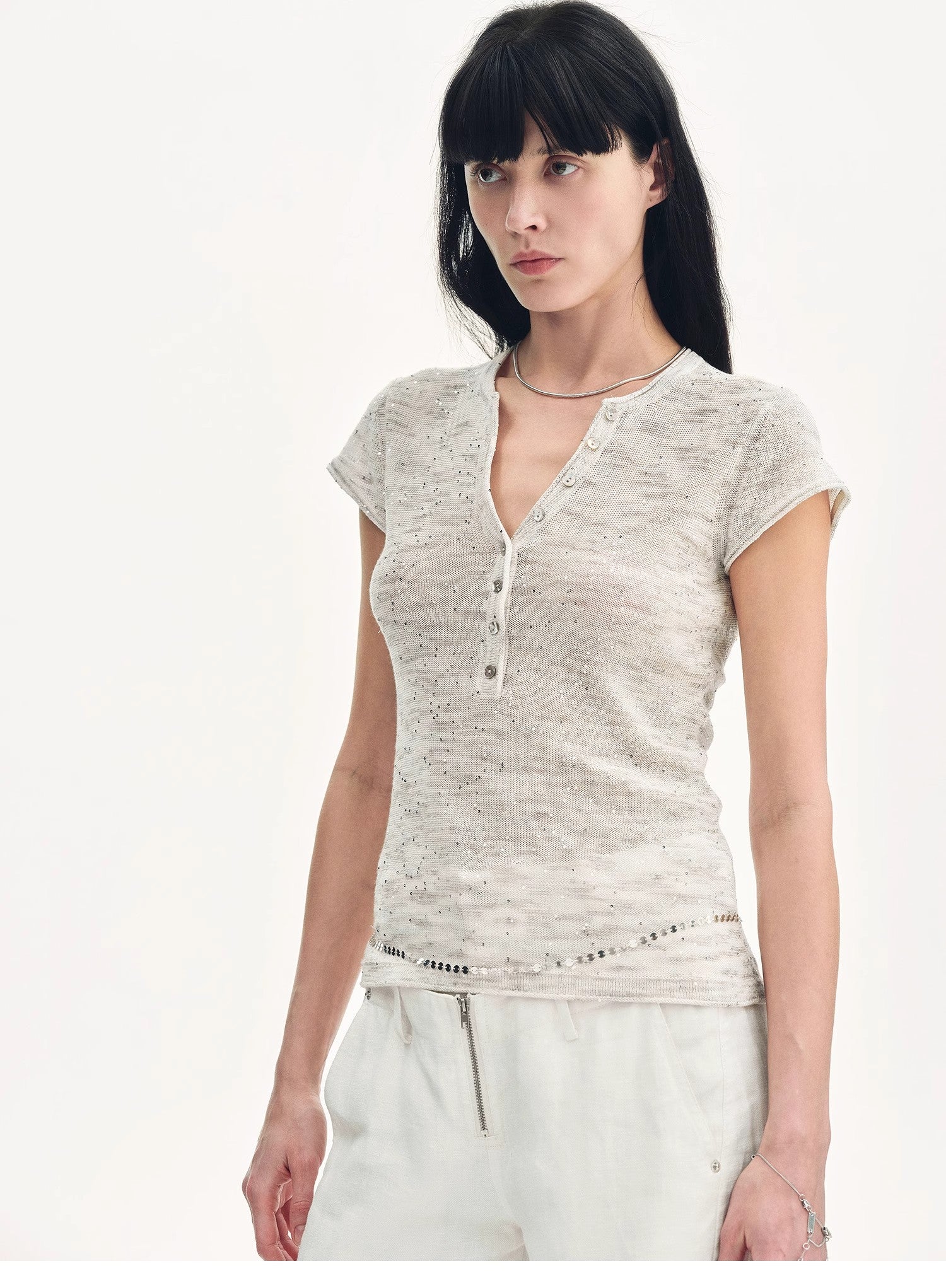 Women's Sequined Henley Shirt - Cotton and Linen Blend