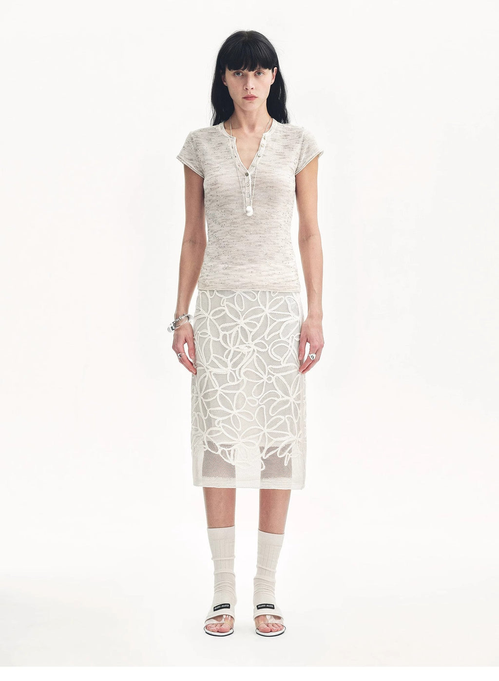 Women's Sequined Henley Shirt - Cotton and Linen Blend