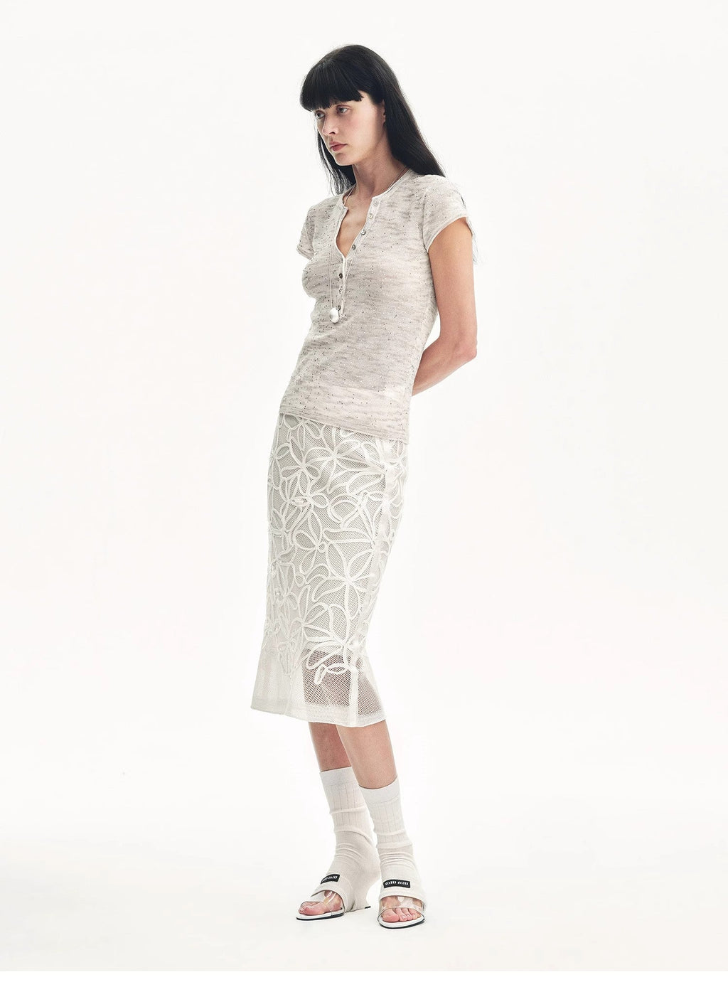 Women's Sequined Henley Shirt - Cotton and Linen Blend