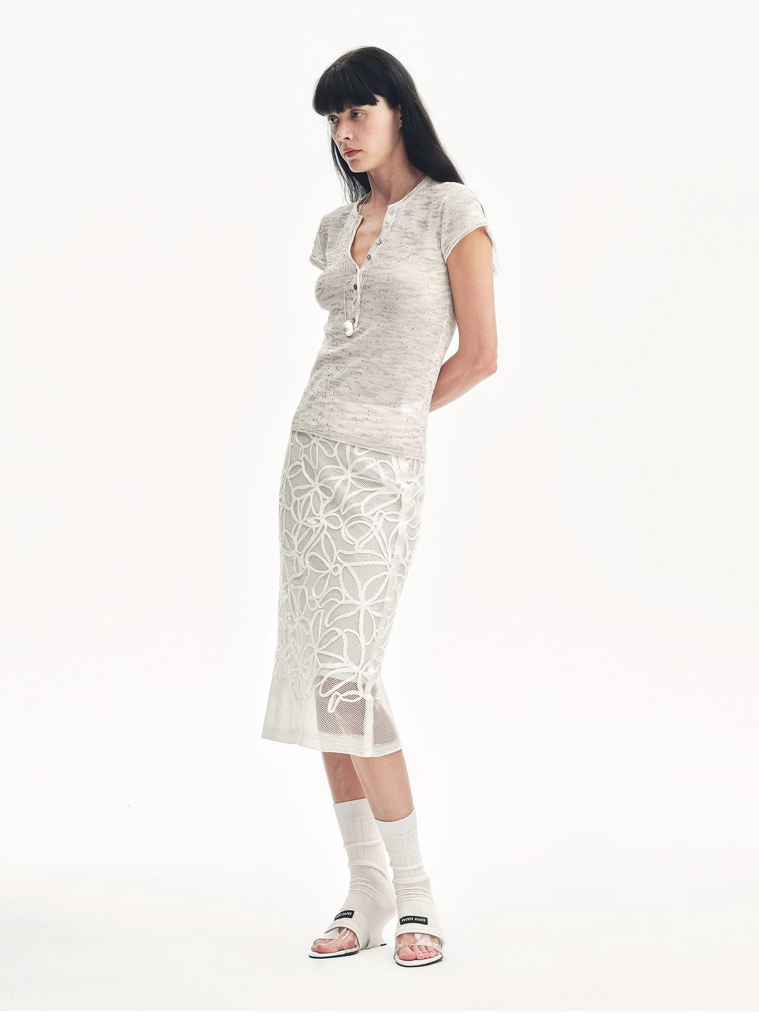 Women's Sequined Henley Shirt - Cotton and Linen Blend