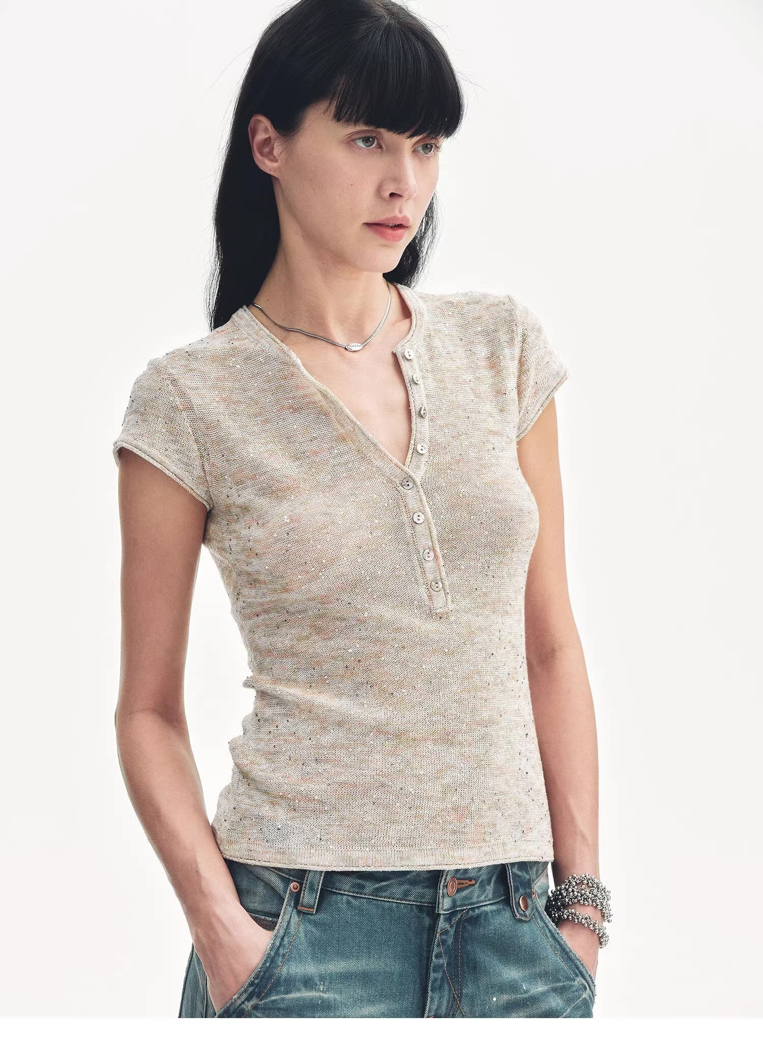 Women's Sequined Henley Shirt - Cotton and Linen Blend