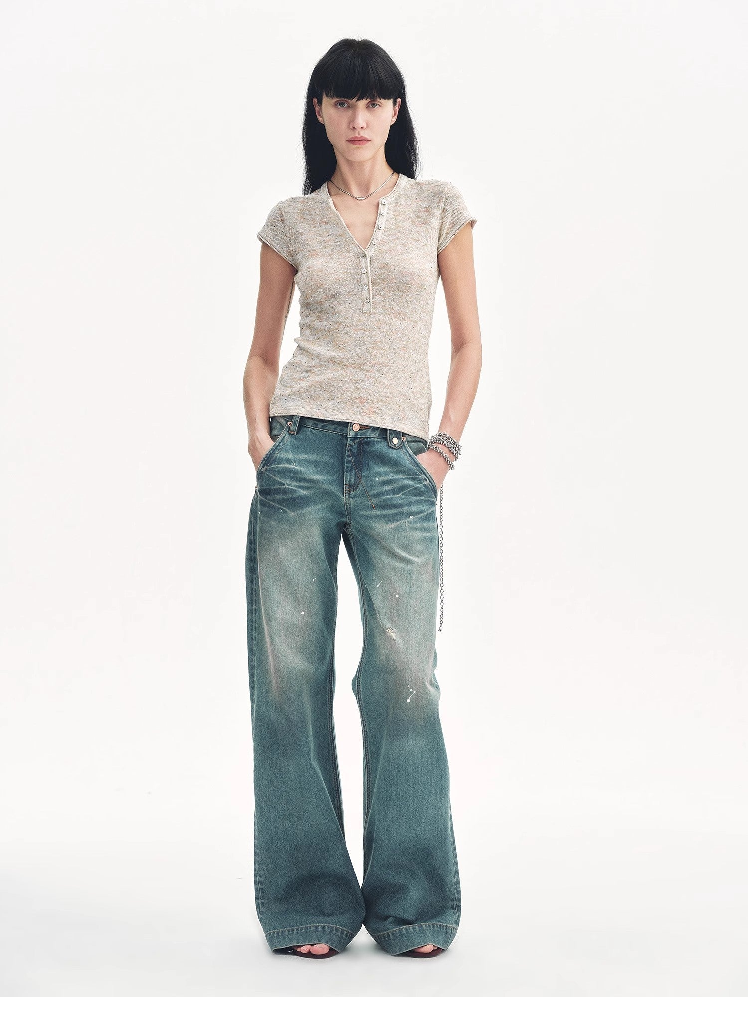 Women's Sequined Henley Shirt - Cotton and Linen Blend