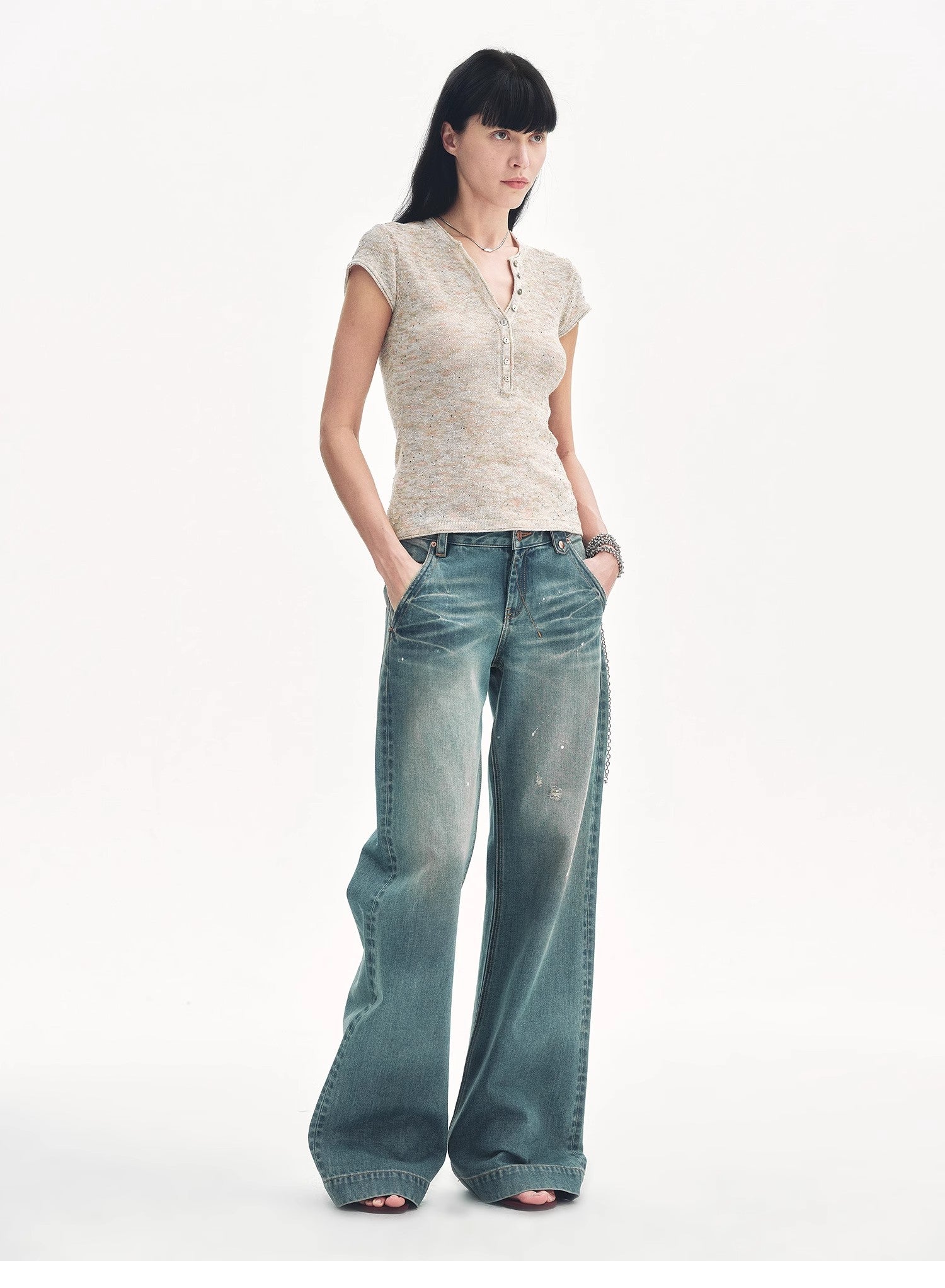 Women's Sequined Henley Shirt - Cotton and Linen Blend