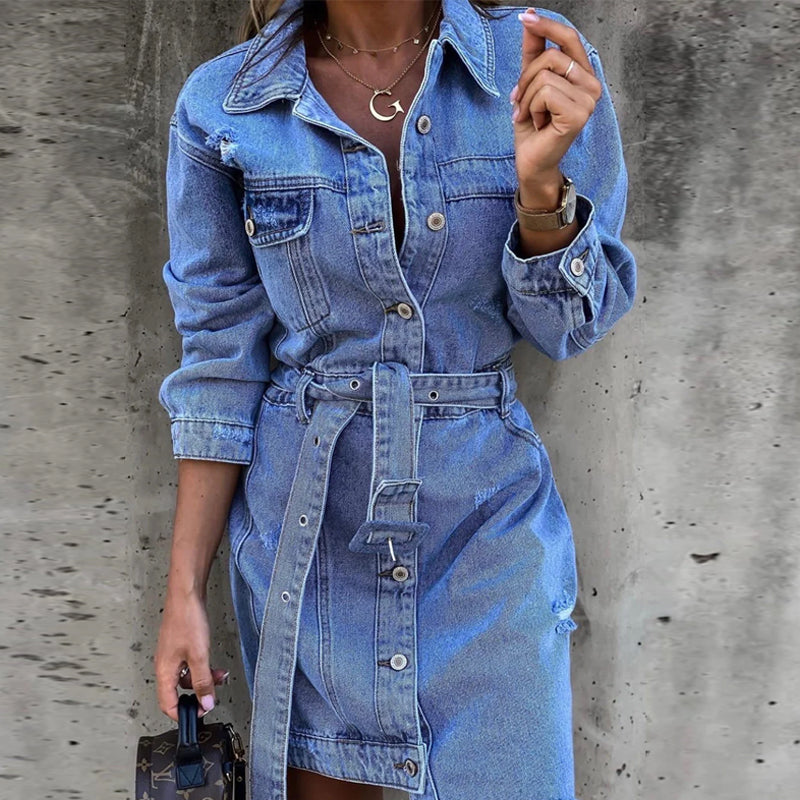 Women's Denim Mini Dress with Belt
