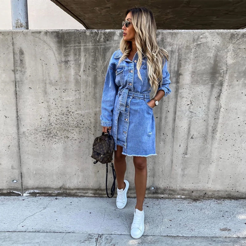 Women's Denim Mini Dress with Belt