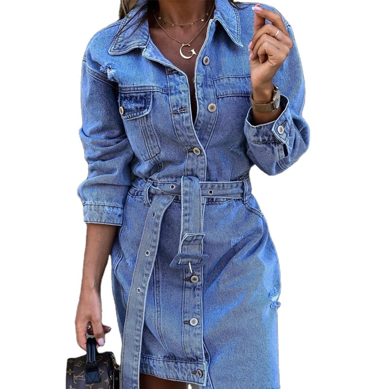 Women's Denim Mini Dress with Belt