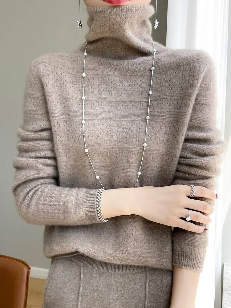 Women's Stacked Collar Knitted Sweater- Wool