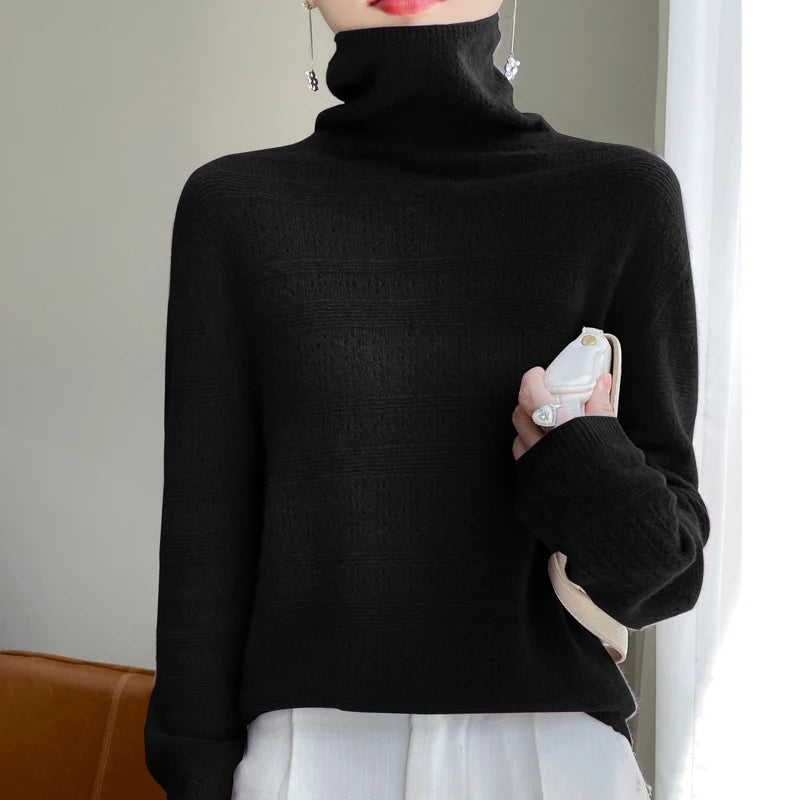 Women's Stacked Collar Knitted Sweater- Wool