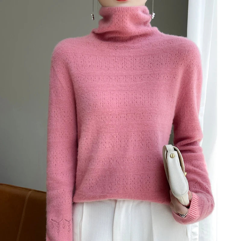 Women's Stacked Collar Knitted Sweater- Wool