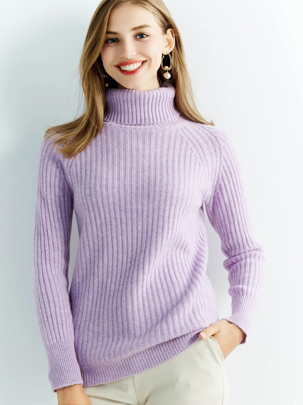 Women's Knitted Cashmere Sweaters - Turtleneck - 100% Merino Wool