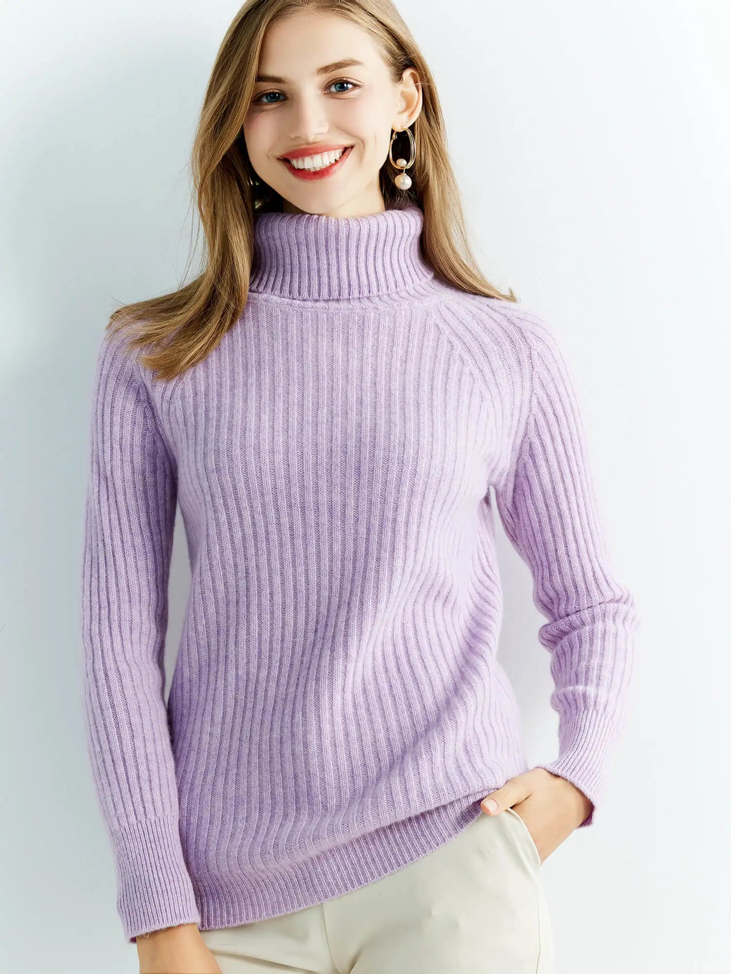 Women's Knitted Cashmere Sweaters - Turtleneck - 100% Merino Wool