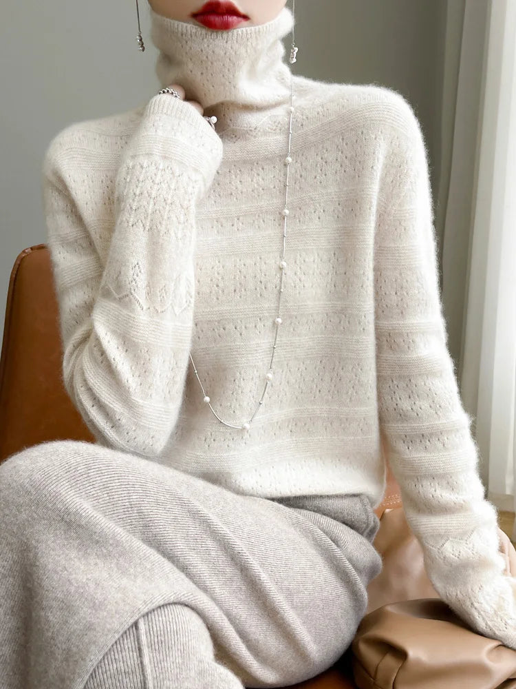 Women's Stacked Collar Knitted Sweater- Wool