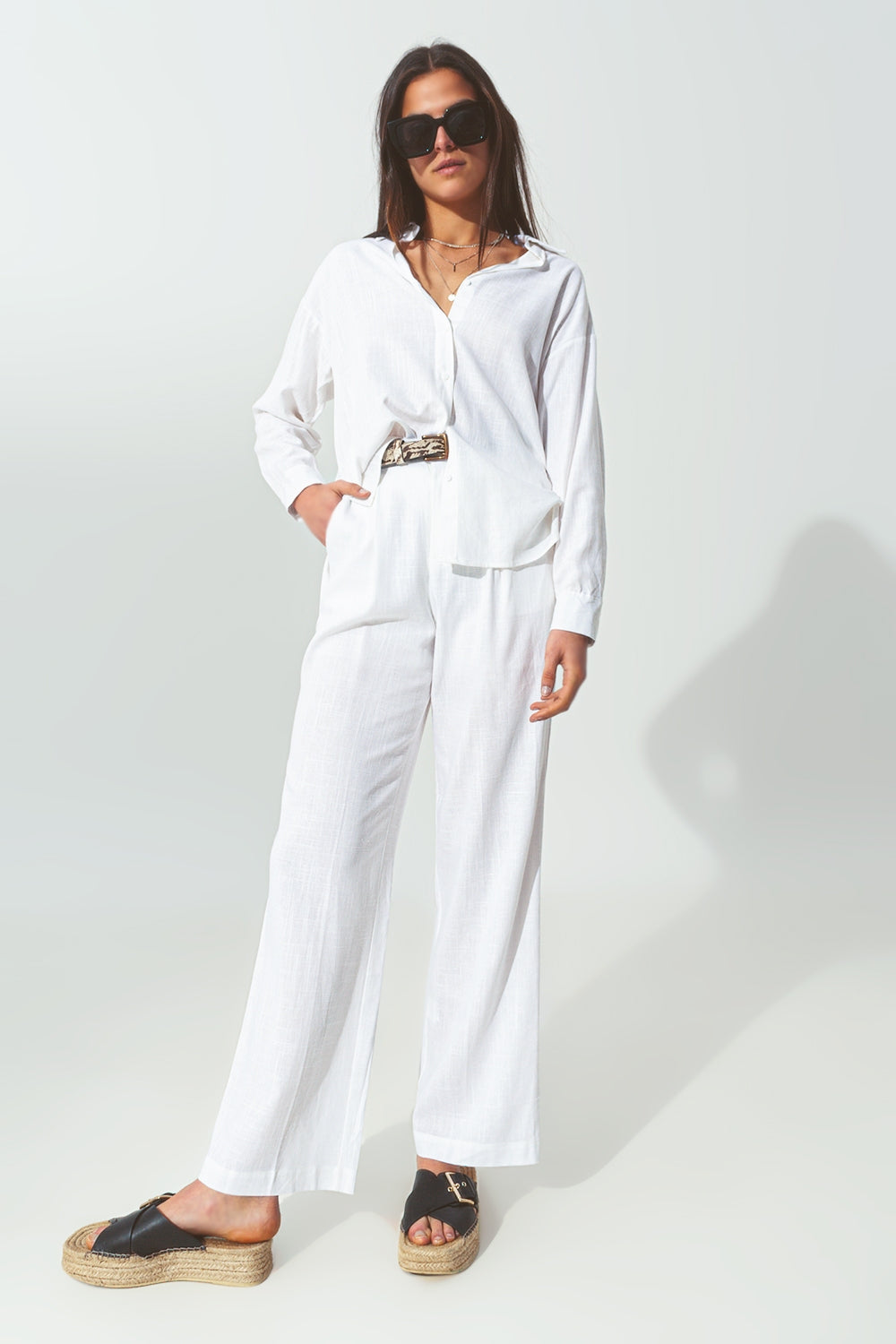Women's Wide-Legged White Pants- Cotton